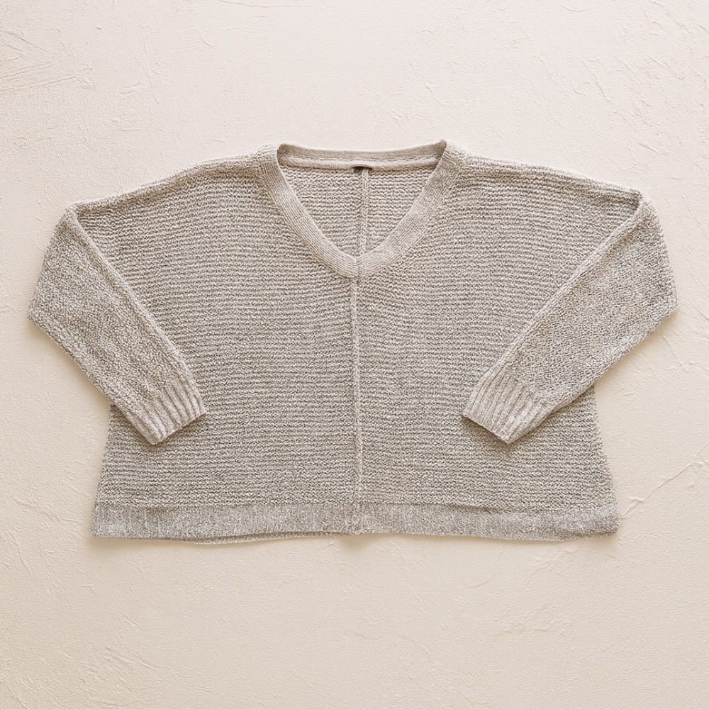 Free People Cropped Boxy V-neck Sweater Open Knit S Light Beige